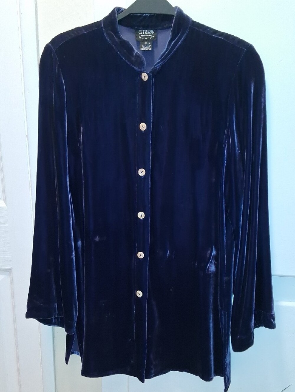 Citron Velvet Button-Front Robe Jacket in Navy - Picture 3 of 5